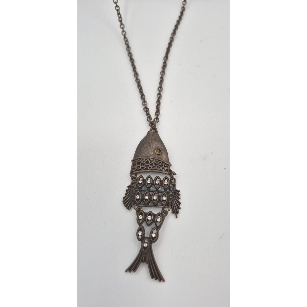 Vintage Articulated Fish Pendant Necklace Bronze Tone Rhinestone Long Chain